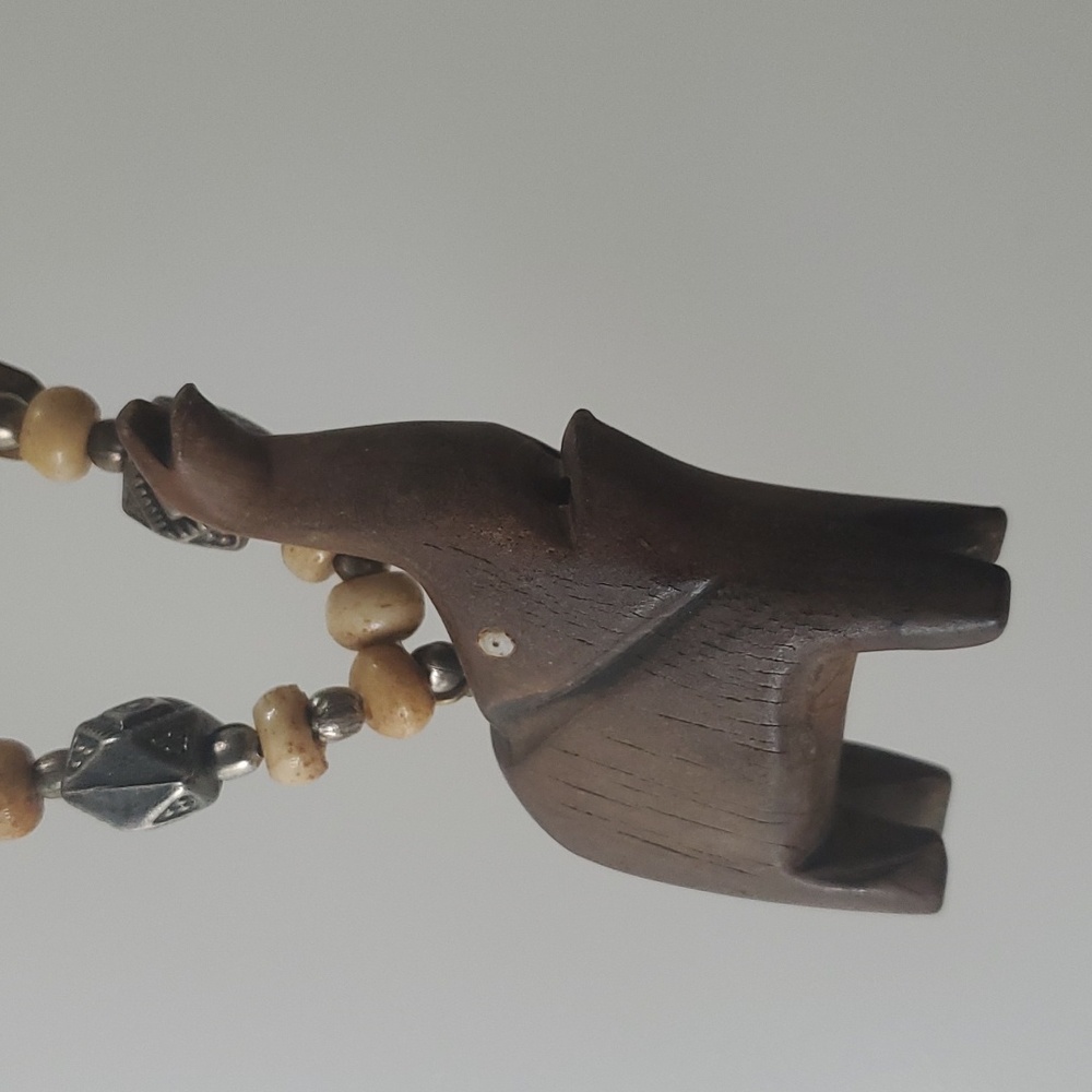 Carved Wood Elephant Necklace Beaded